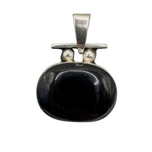 Sterling Silver 925 Black Stone Cabochon Pendant Minimalist Necklace Charm